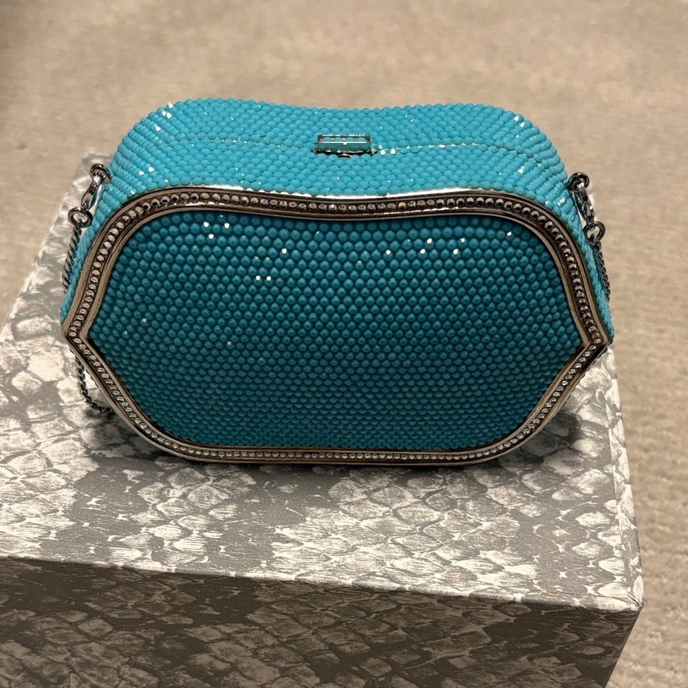 Rare Judith Leiber Turquoise Crystal Embellished Clutch with Removable Strap